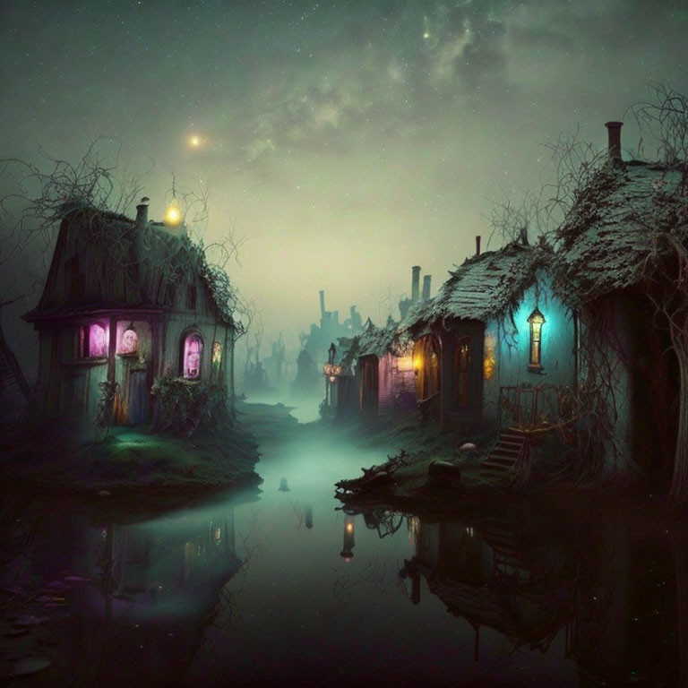 Enchanting nocturnal fantasy scene: quaint houses, still river, glowing windows, misty star