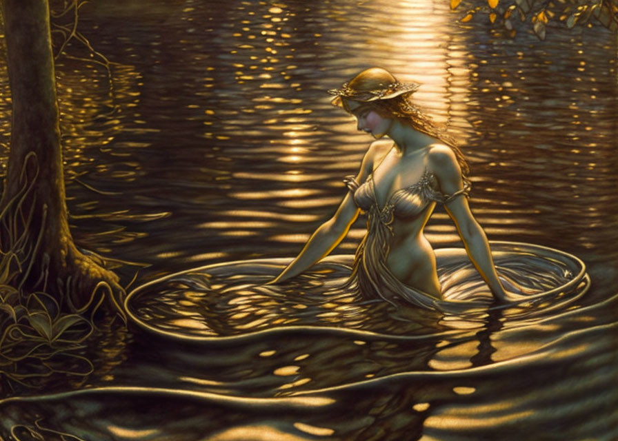 Mystical woman in golden helmet emerges from water at sunset forest.