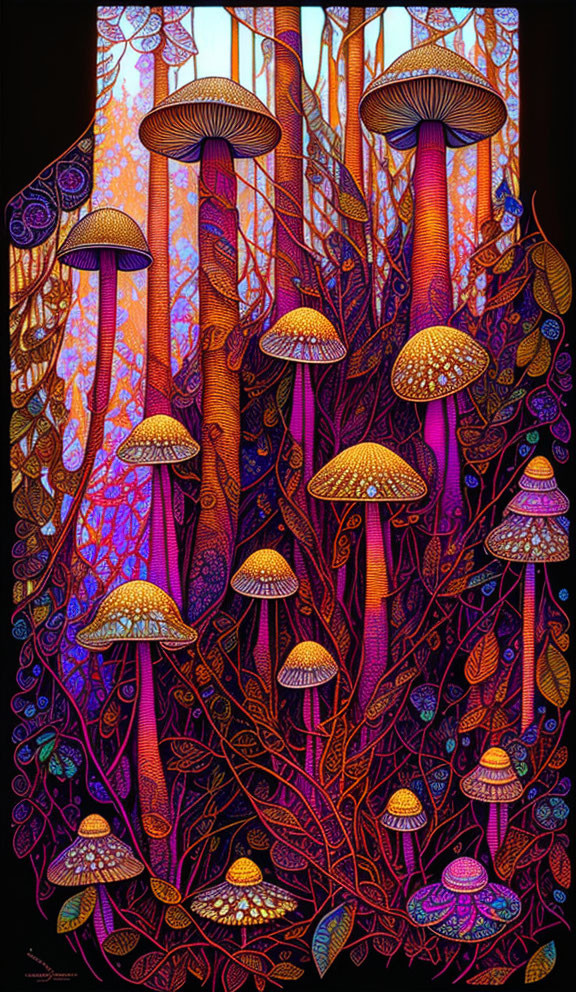 Colorful Stylized Mushroom Illustration in Psychedelic Forest