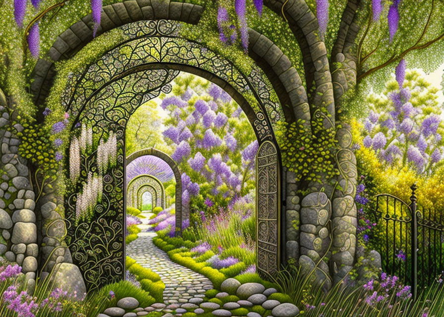 Enchanting garden path with stone archways and vibrant flowers