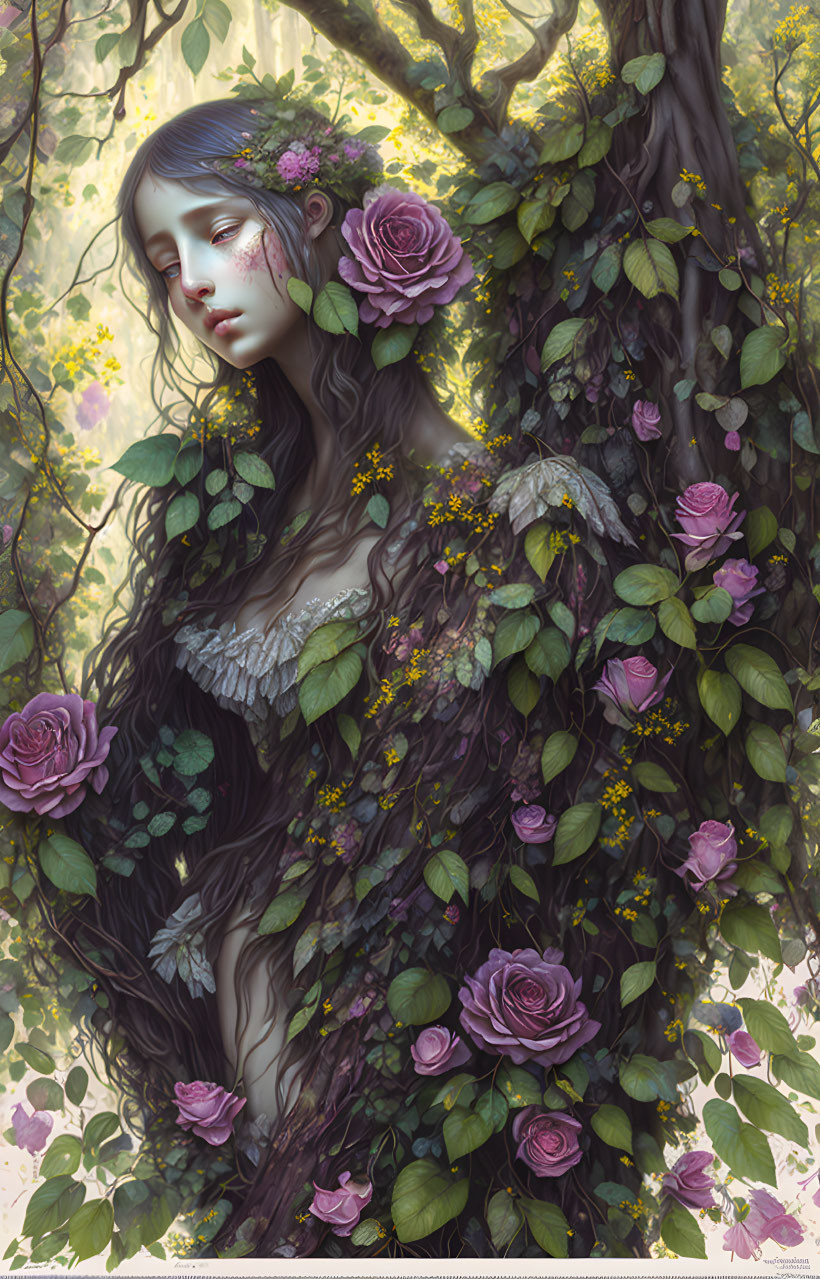 Female figure with flowers blending into tree in sunlit forest