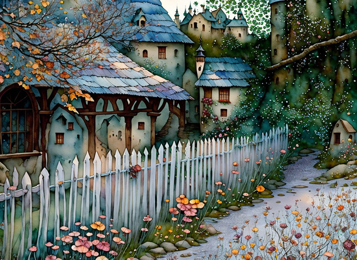 Whimsical watercolor painting of cozy village scene