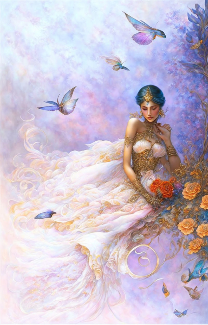 Ethereal woman in elaborate gown surrounded by butterflies