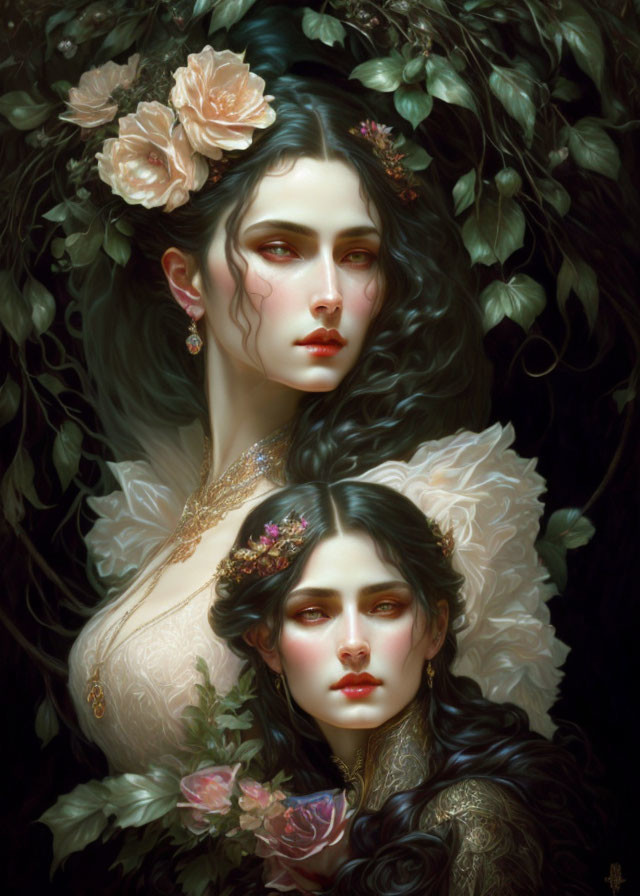 Ethereal women with porcelain skin in floral setting