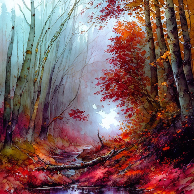 Autumnal forest watercolor painting with misty atmosphere