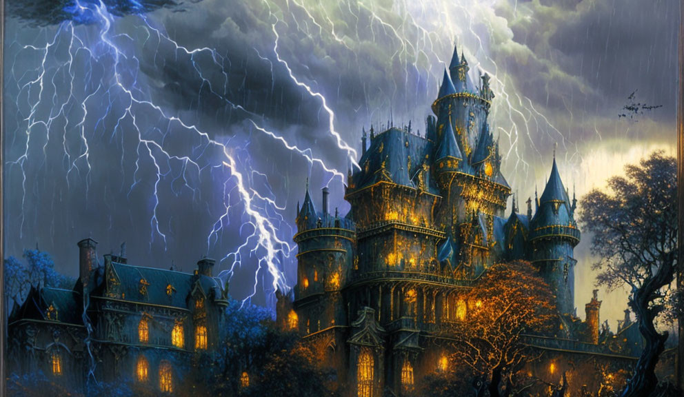 Gothic castle in stormy night with lightning bolts & dark trees