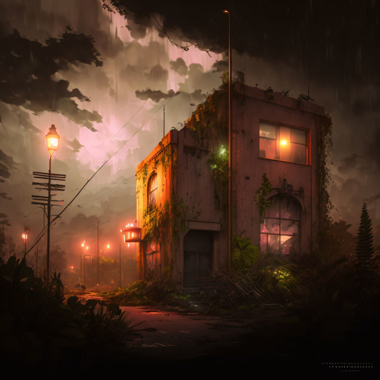 Abandoned building at dusk with glowing windows under stormy sky