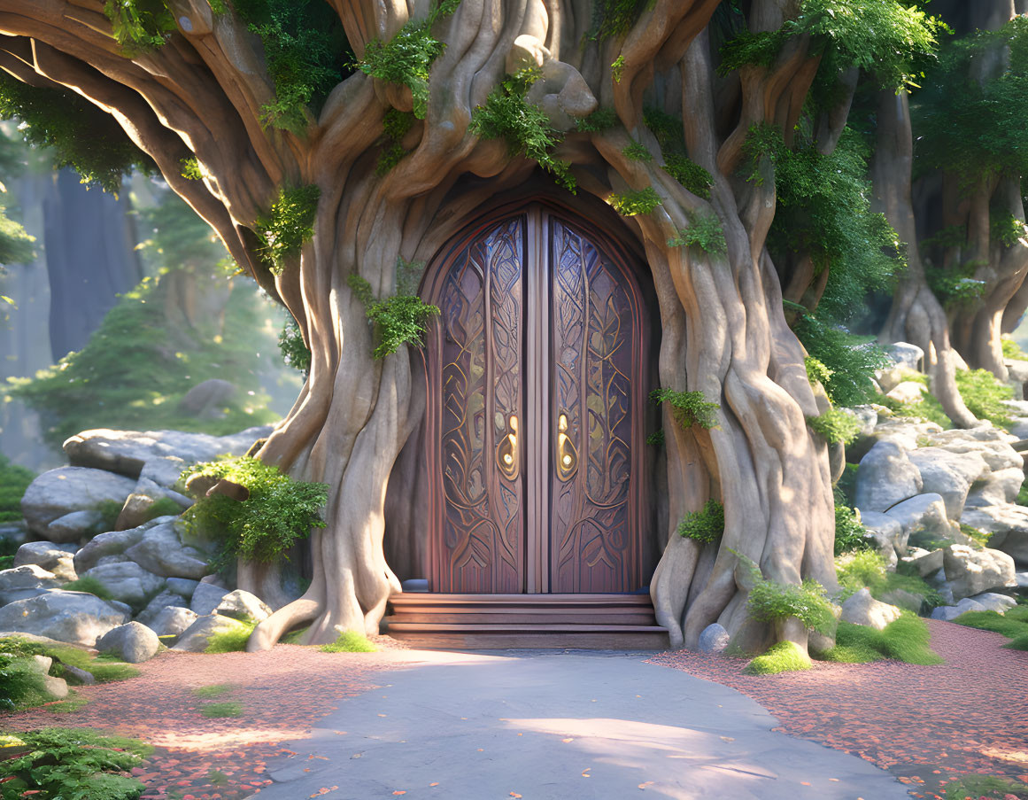 Ornate wooden door in giant tree trunk surrounded by rocks and foliage