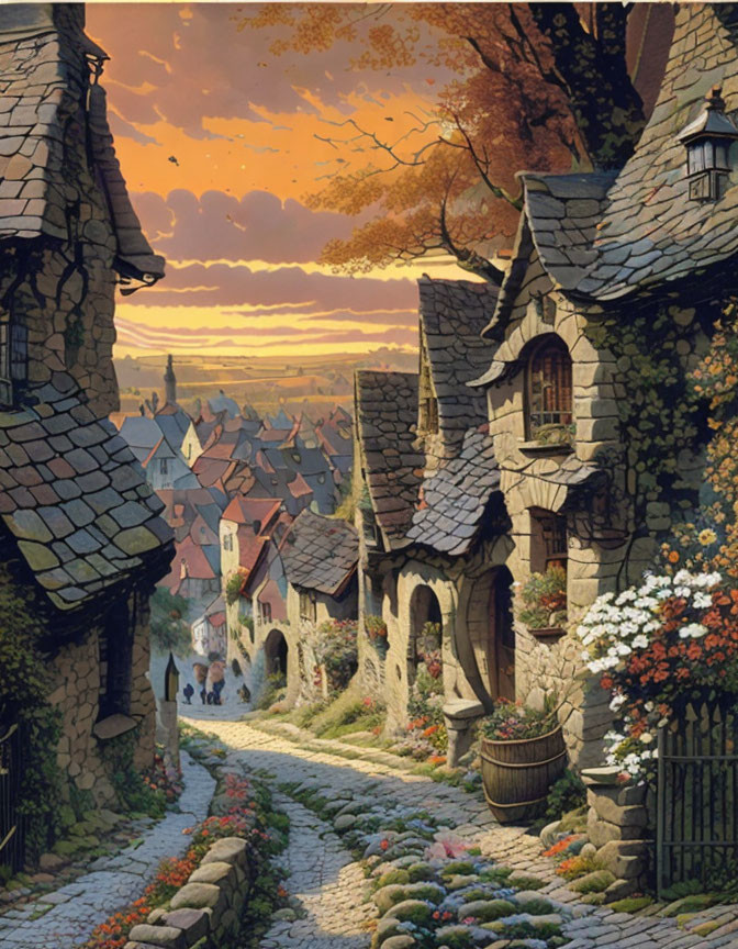 Charming stone village at sunset with cobblestone pathways