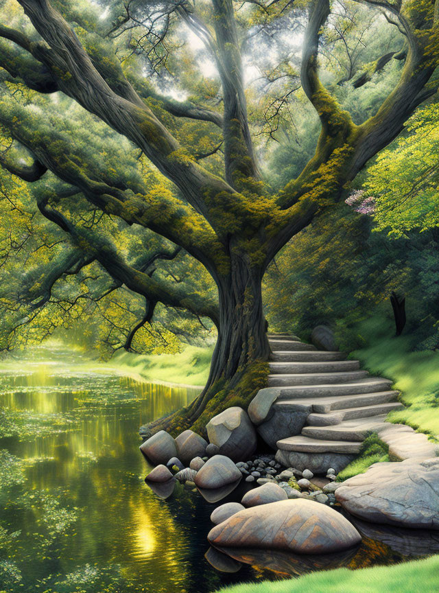 Tranquil forest pond with ancient tree and moss-clad branches