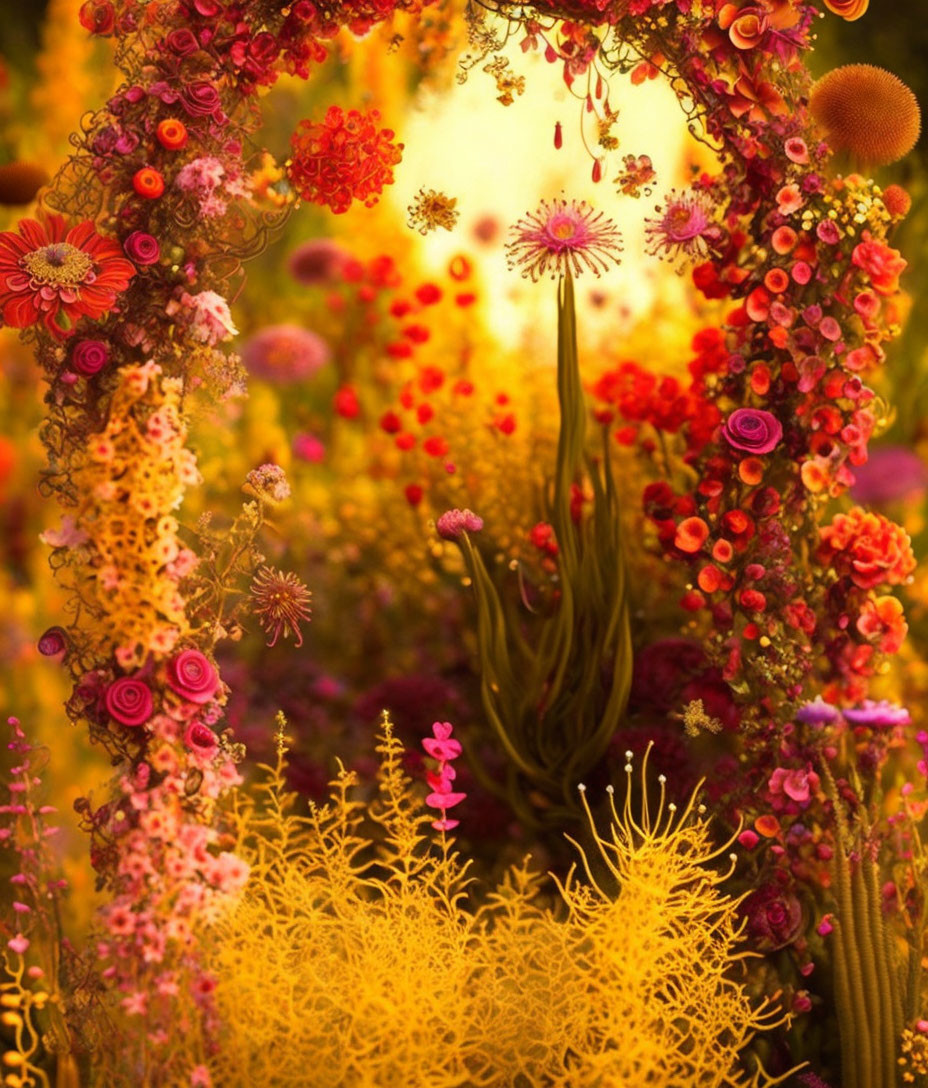 Vibrant red, pink, and yellow flowers on golden archway