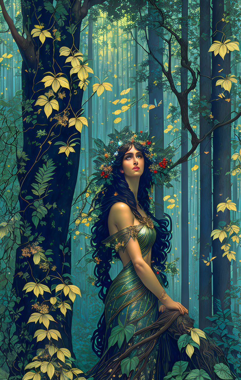 Woman in floral crown in mystical forest with golden foliage.