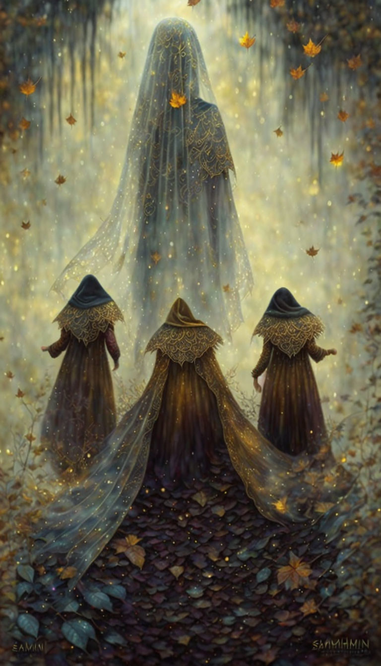 Mystical illustration of veiled figures on leaf-strewn path