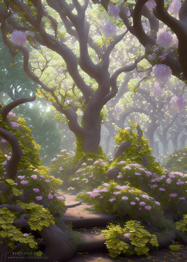 Twisted trees with purple blossoms in misty forest path