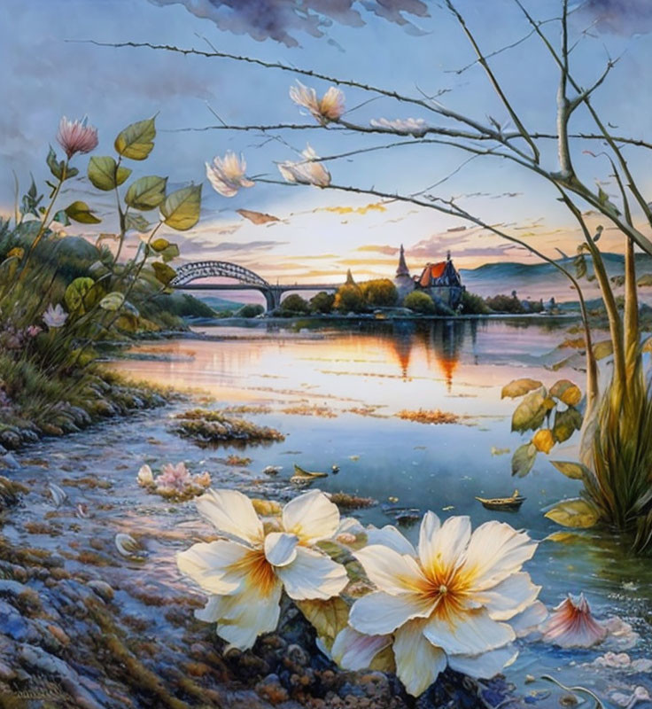 Tranquil landscape with white flowers, river, bridge, and twilight sky