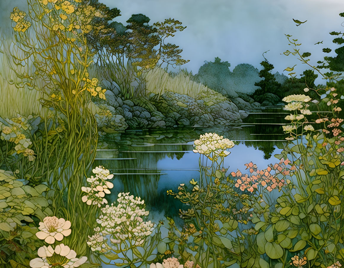 Tranquil pond with lush vegetation, rocks, misty forest, and birds in serene landscape