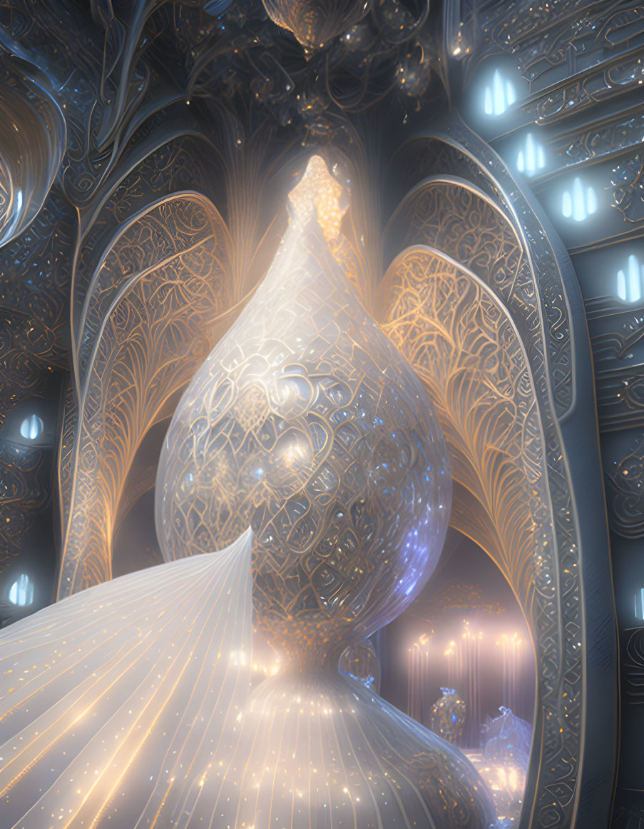 Glowing, ornate structure with radiant arches and orbs in mystical ambiance