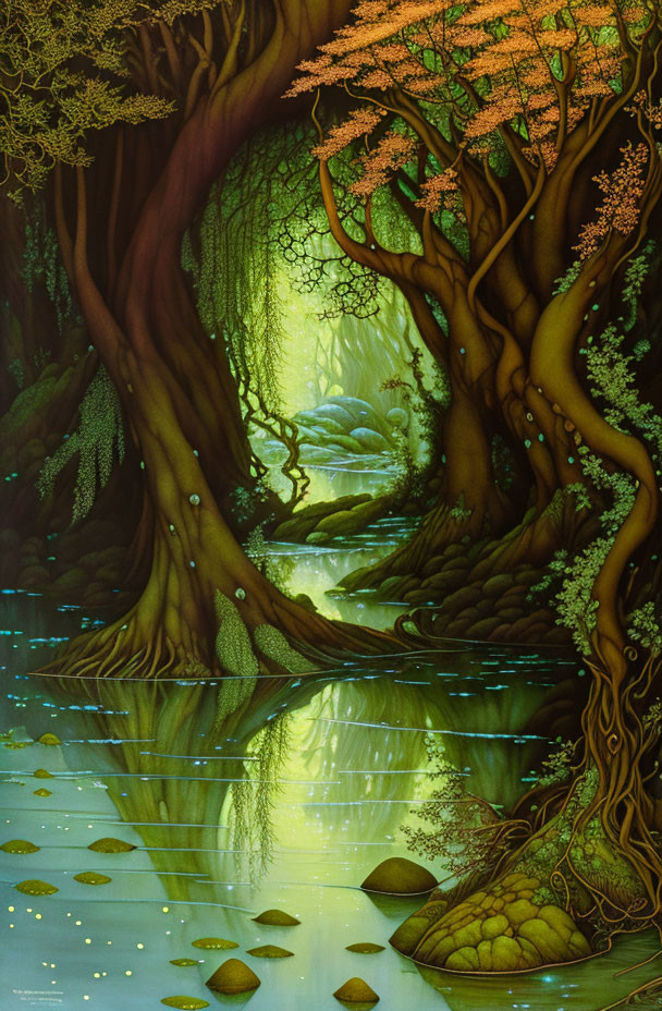 Mystical forest scene with vibrant green trees and serene river