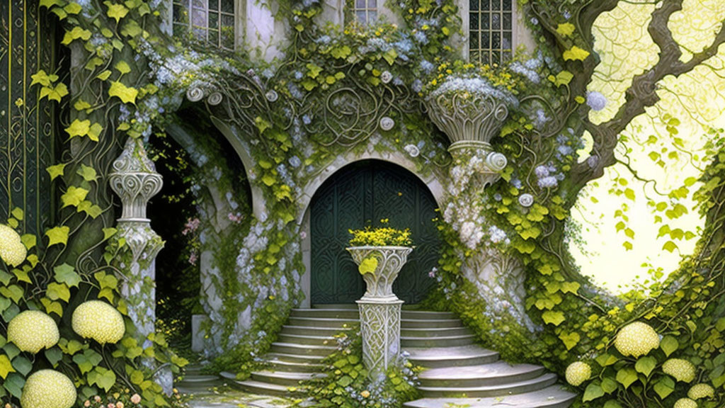 Illustration of green ivy-covered entrance with arched doorway, ornate lamps, steps, and