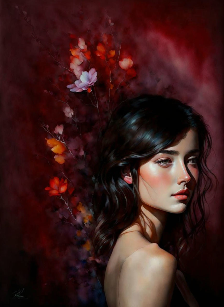 Contemplative woman portrait with red and pink flowers on dark hair against red backdrop