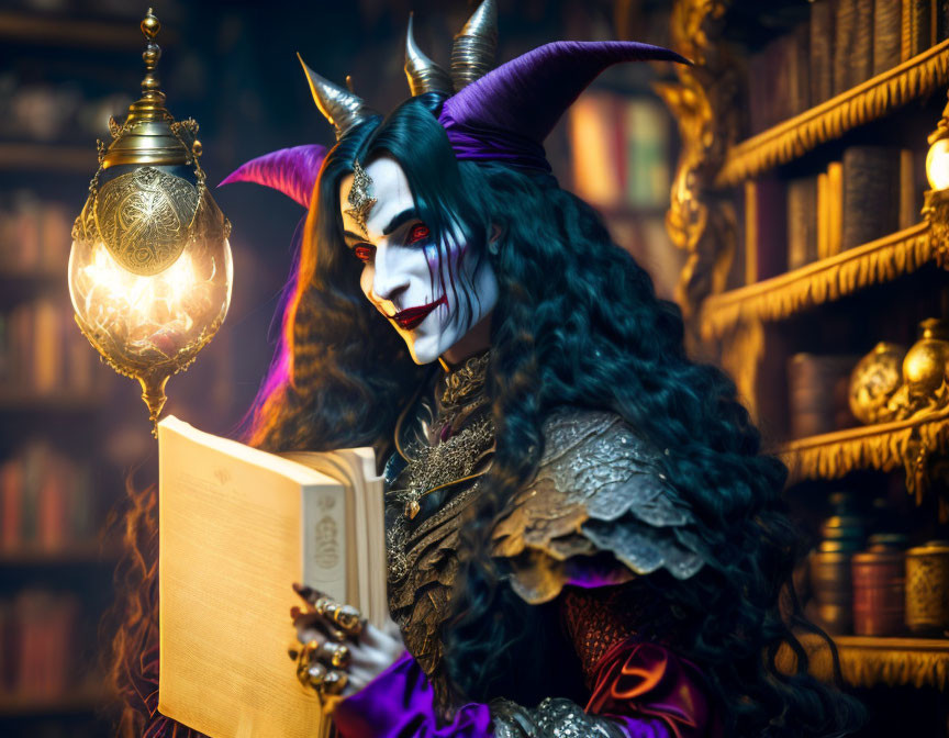 Elaborate demon costume person reading book in dimly lit library