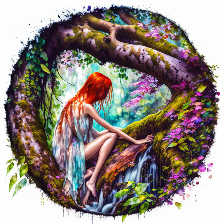 Red-haired woman by a waterfall in lush landscape