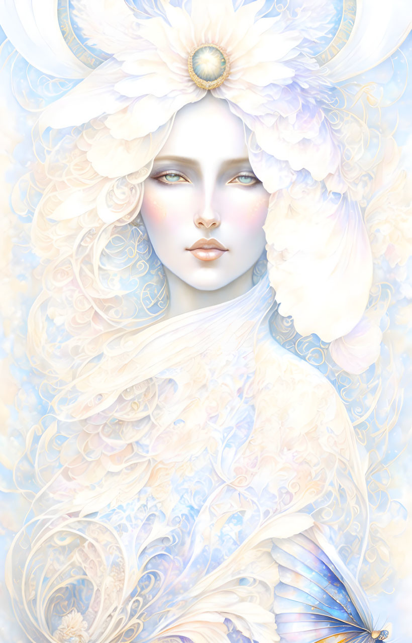 Ethereal woman with white floral patterns and blue butterfly