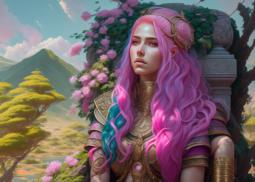 Fantasy illustration: Woman with pink hair in armor, lush landscape, blooming trees, mountains