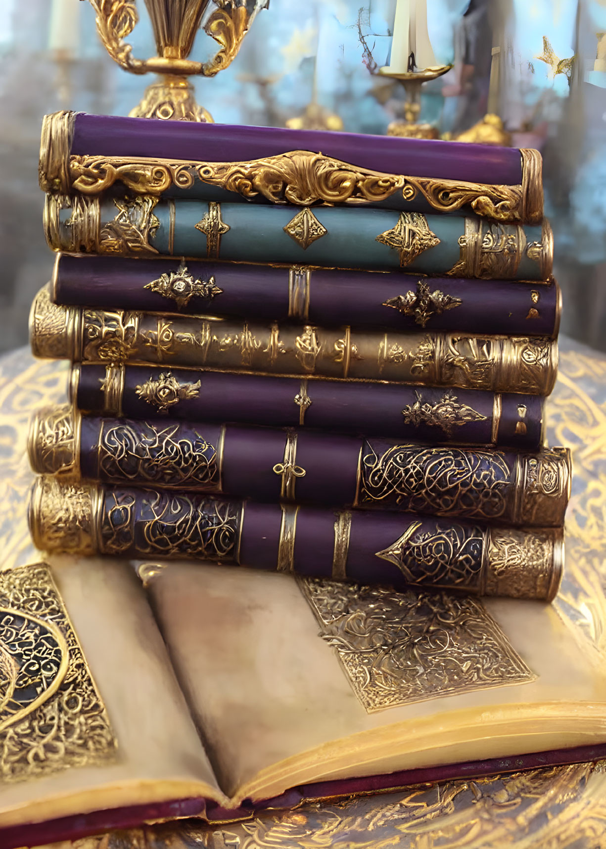 Stack of Antique Books with Ornate Covers & Gilded Edges