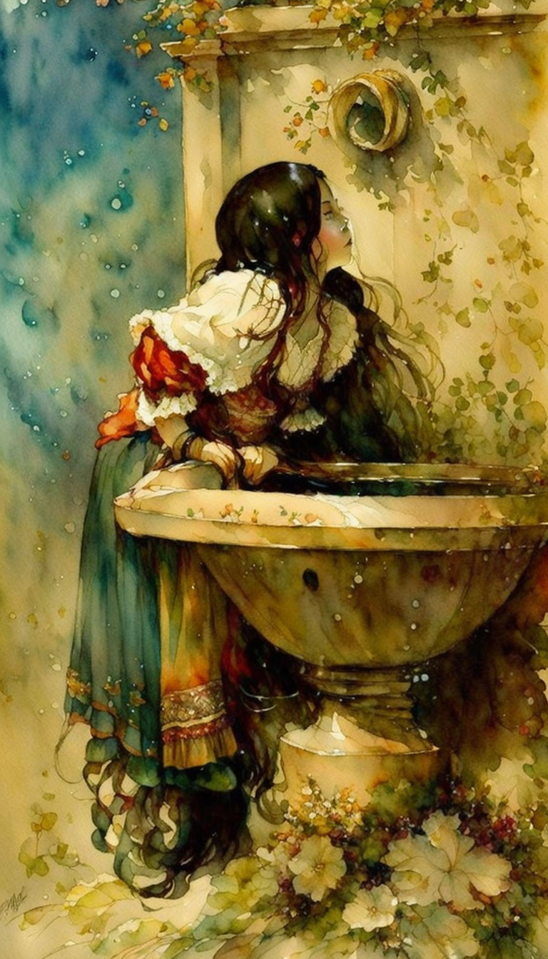 Vintage-clad girl by old-fashioned fountain in vibrant watercolor.