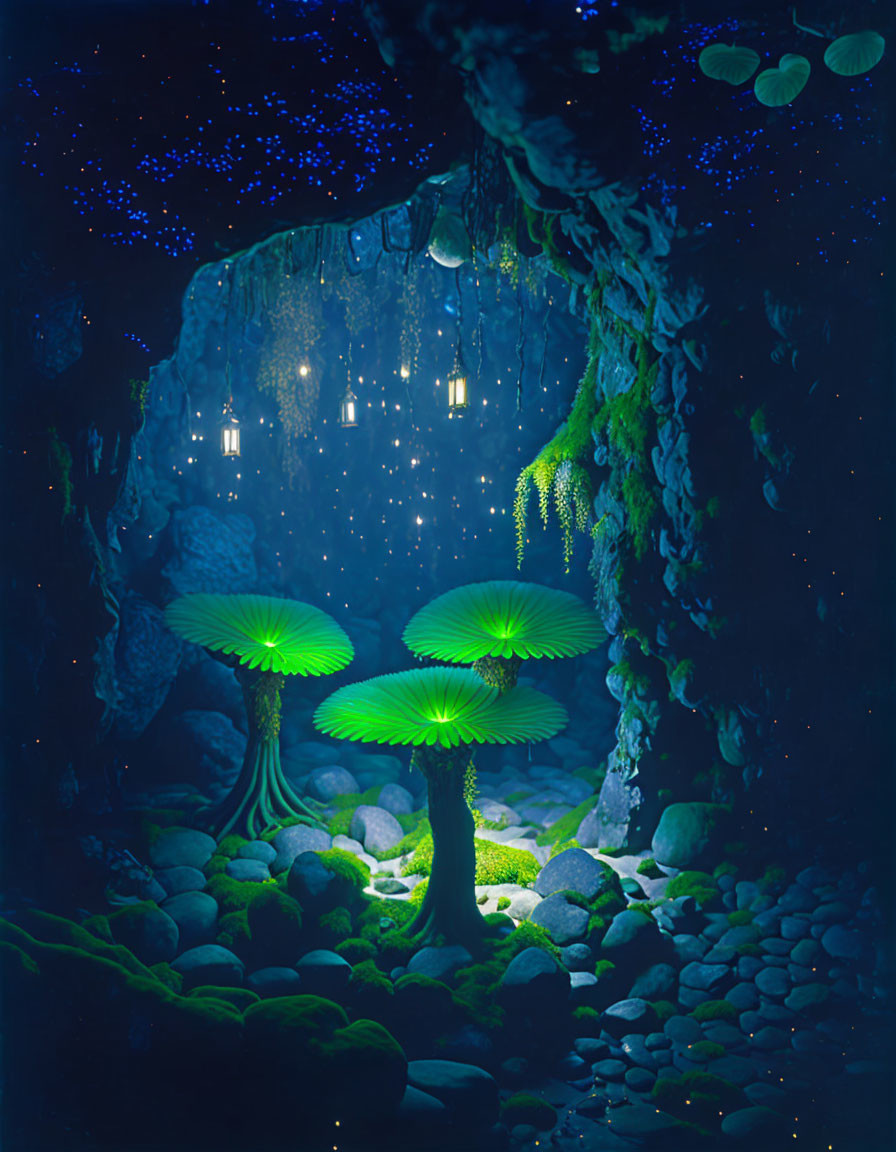 Enchanted forest night scene with oversized glowing mushrooms and starlit sky