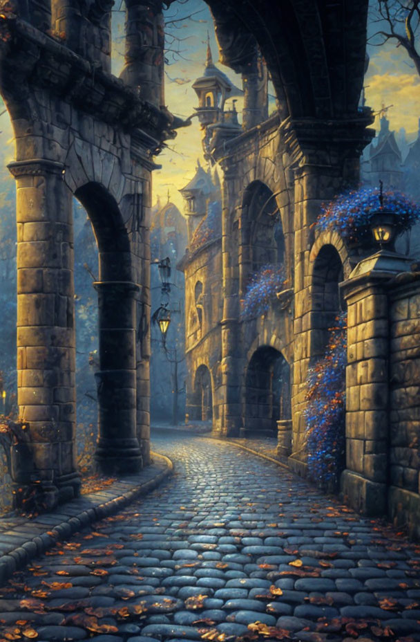 Twilight-lit cobblestone street in old European town with archways, stone buildings, lantern