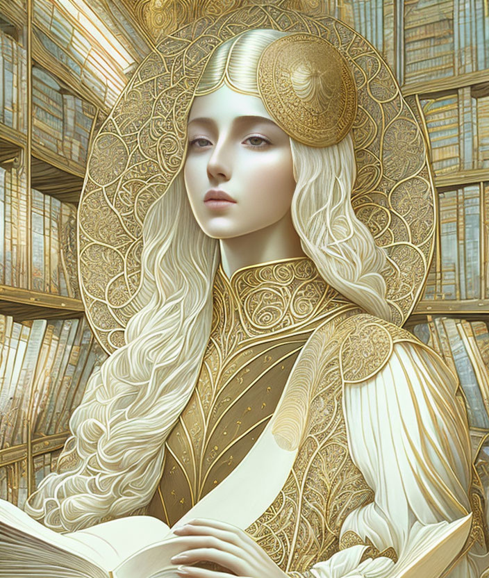 Blond Woman in Golden Armor with Halo in Library Portrait