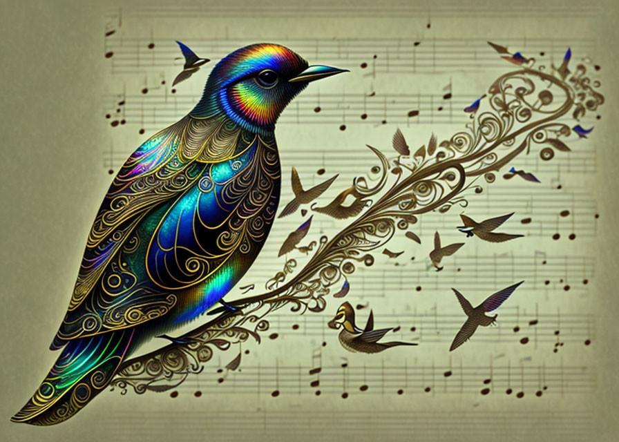 Colorful Bird Artwork with Musical Notes on Beige Background