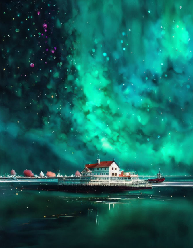 Northern Lights illuminate coastal scene with building on pier and moored boat