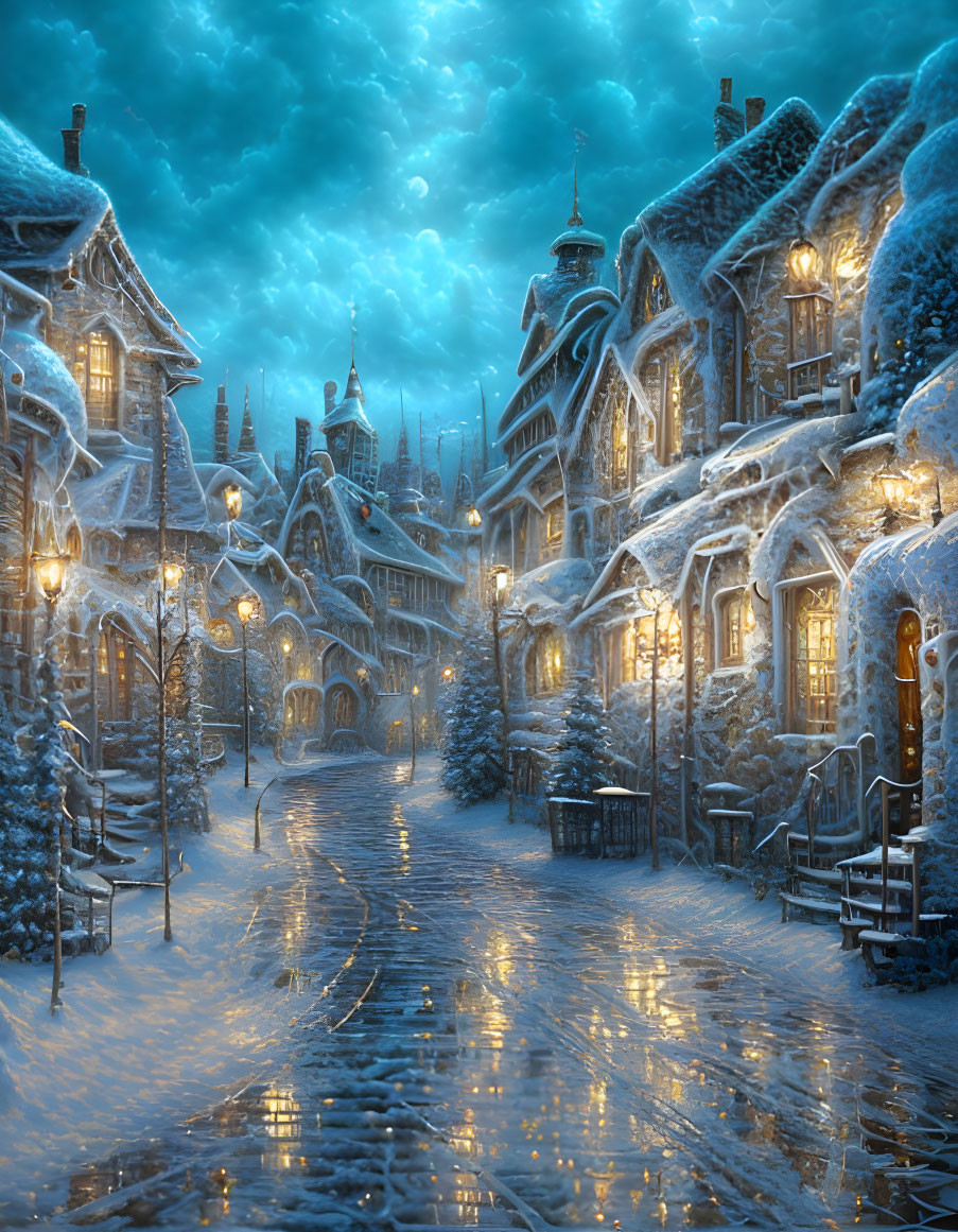 Snowy cobblestone street with quaint snow-capped houses at twilight