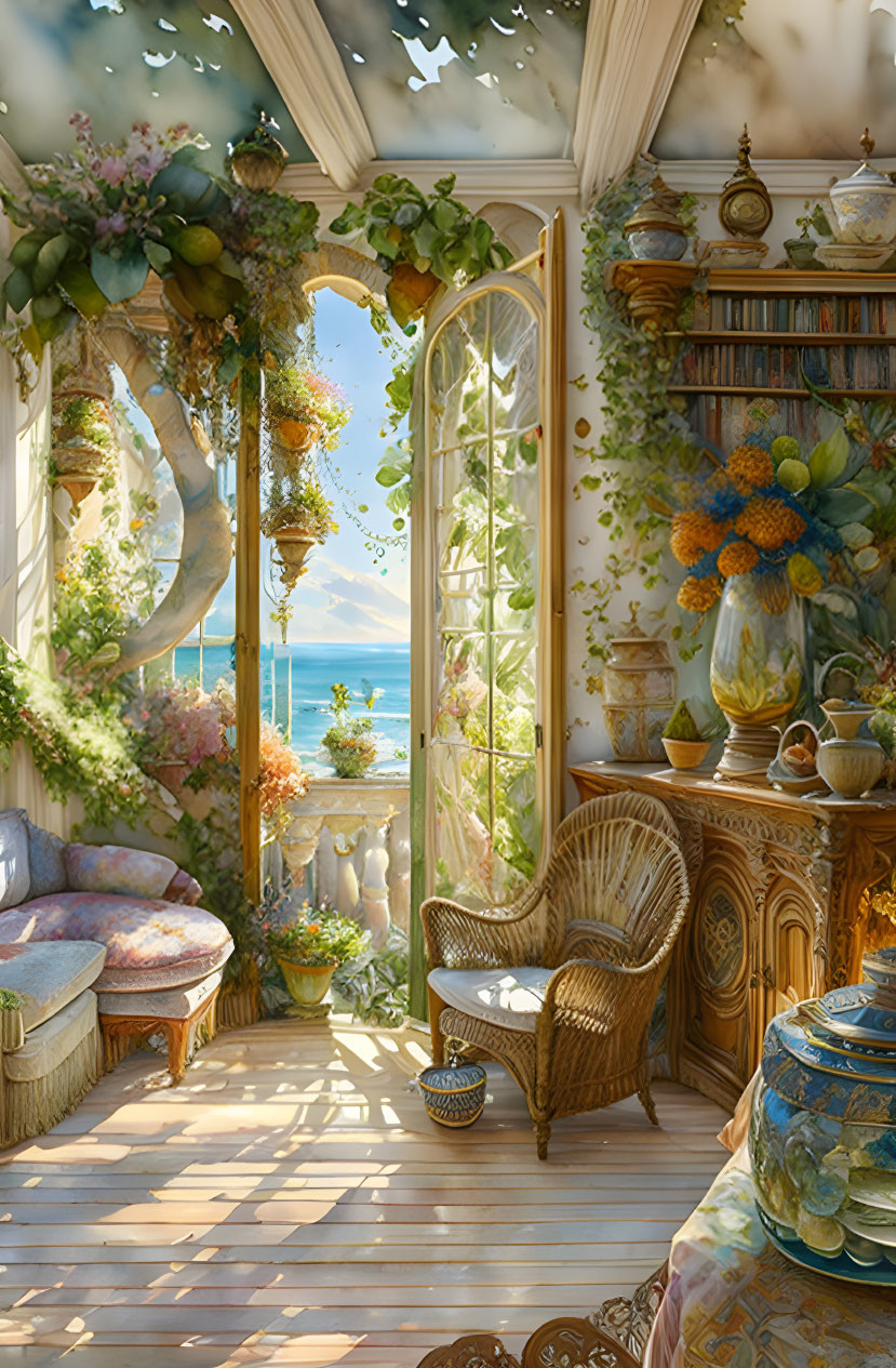 Sunlit cozy room with wicker chair, floral arrangements, bookshelves, and sea view.