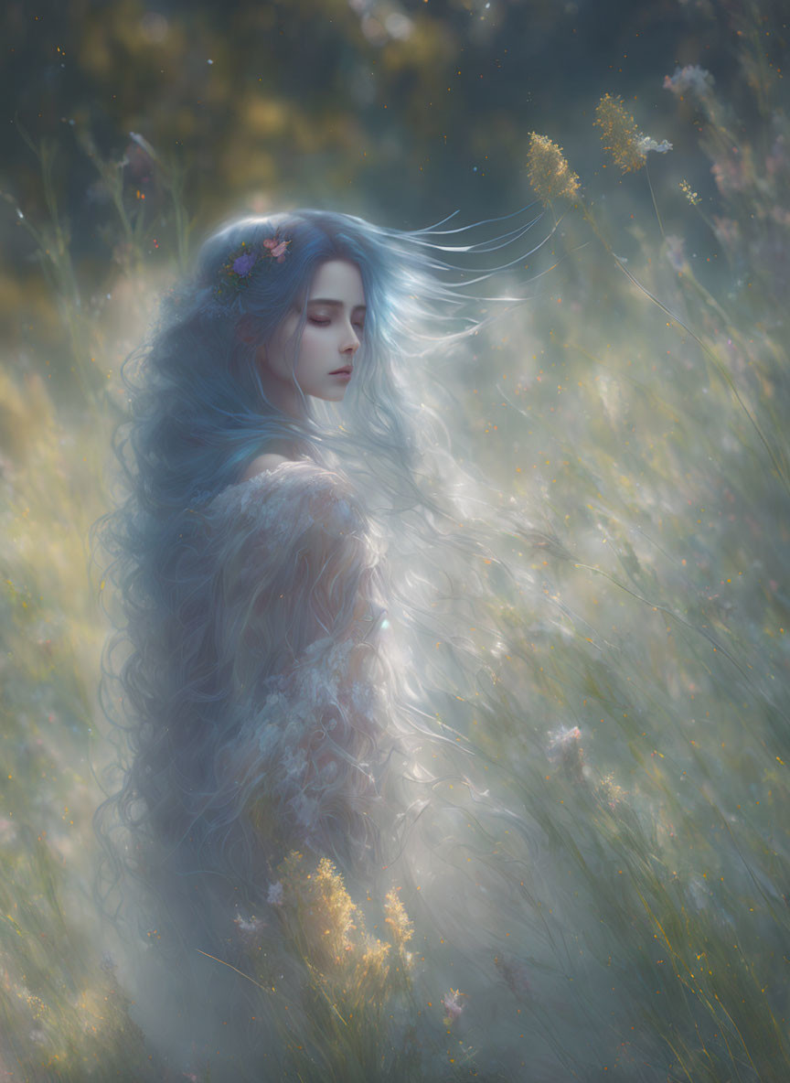 Woman with Long Blue Hair in Sunlit Meadow with Flowers