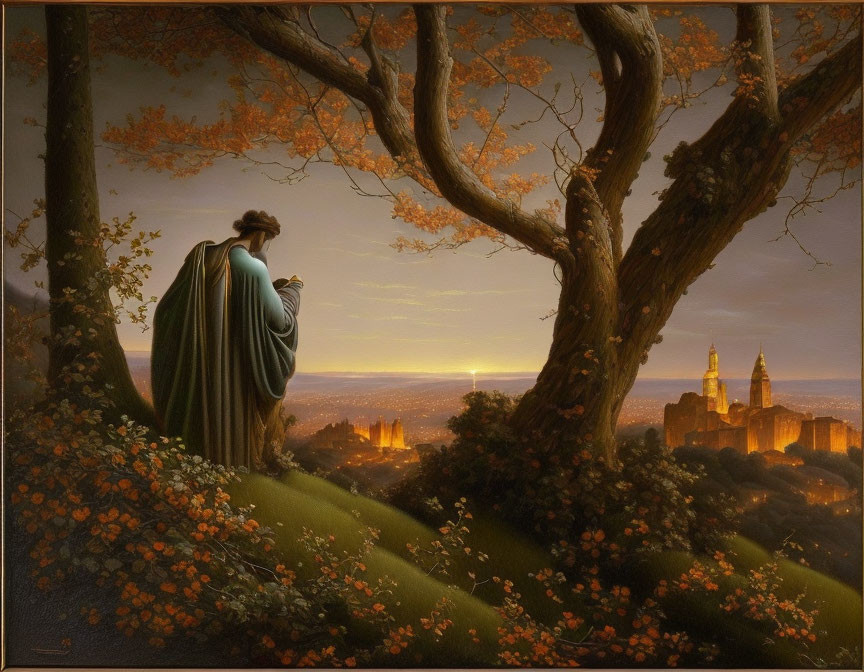 Cloaked figure by tree overlooking golden city at sunset