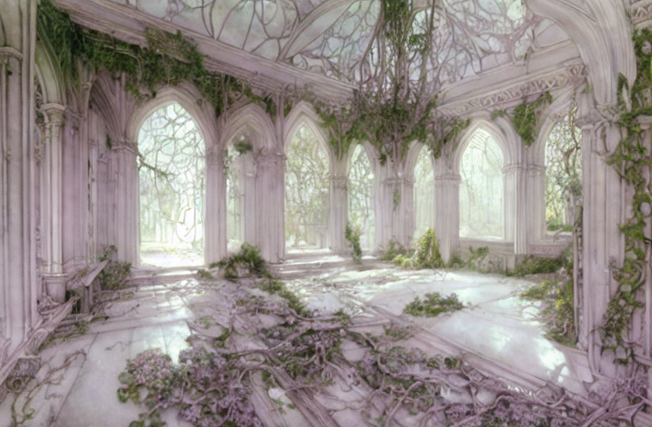 Abandoned gothic cathedral with overgrown vines and filtered sunlight