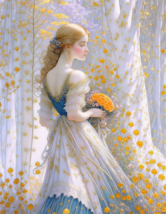 Woman in Pale Blue Gown with Orange Flowers and White Curtains