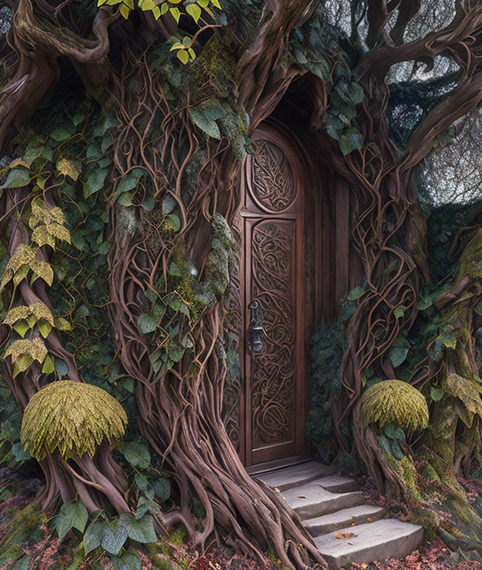 Intricate wooden door among tree trunks and ivy