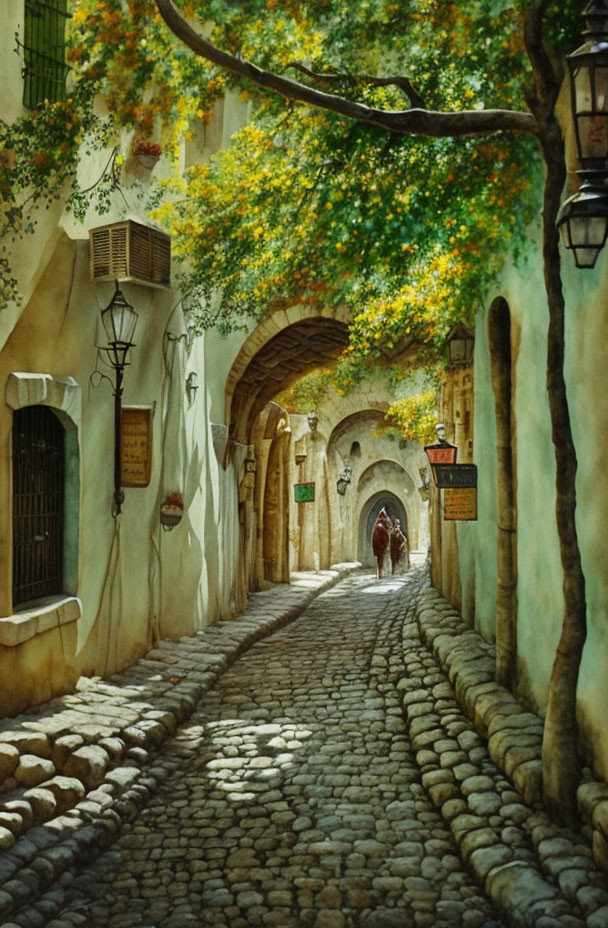 Quaint cobblestone street in old-world village with trees, archways, and sunlit walls