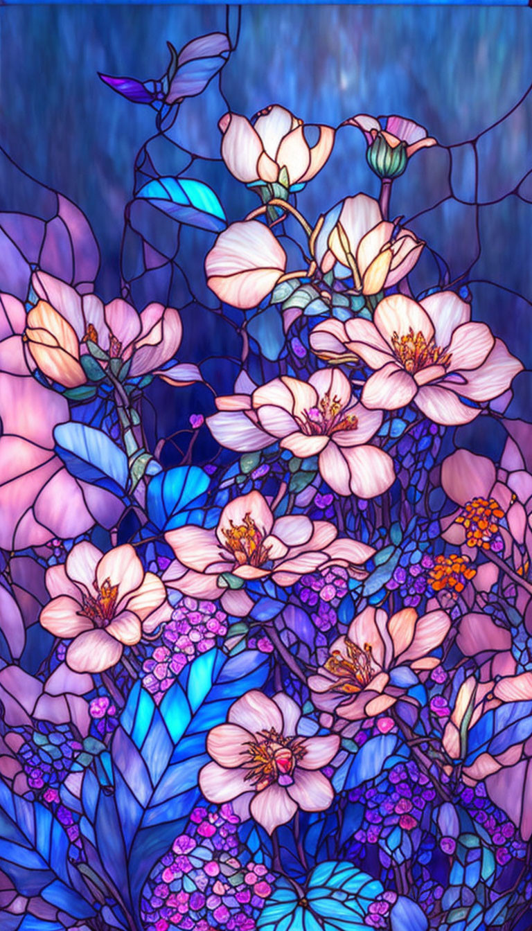 Colorful digital artwork: Stylized flowers in pink, purple, and blue on a mosaic background