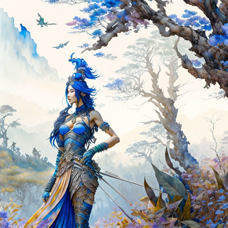 Fantastical female warrior in blue armor in ethereal forest.