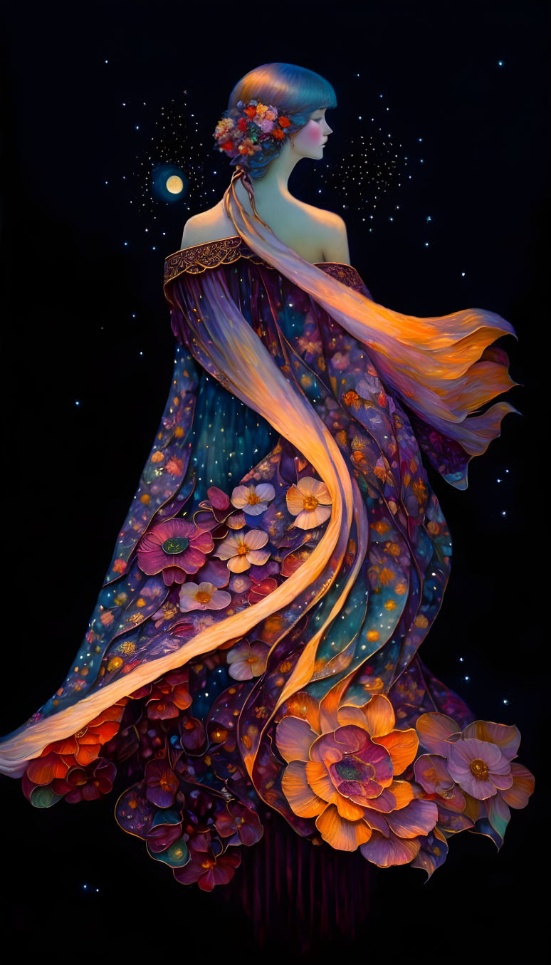 Stylized illustration: Woman in floral gown under starry sky