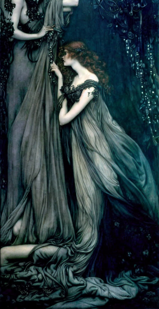 Pre-Raphaelite Style Painting: Woman with Auburn Hair in Enchanted Forest