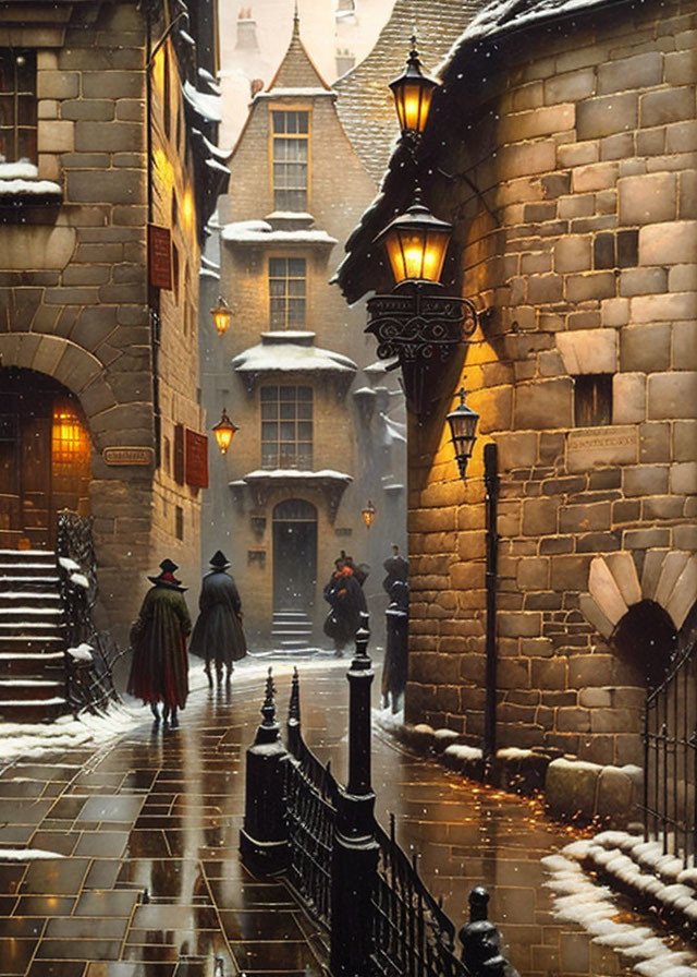 Snowy cobblestone alley with people in cloaks, warm street lamps, old brick buildings.