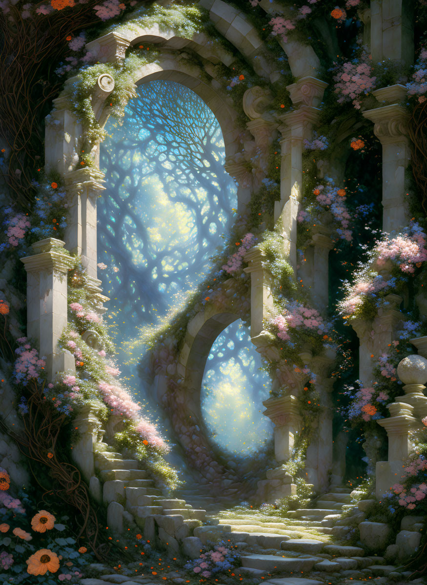 Enchanting forest pathway with ancient ruins, flowering vines, and mystical tree