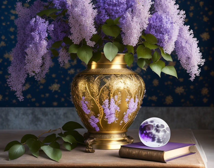 Lilac blossoms in golden vase with book, quill, and moon sphere on cloth surface